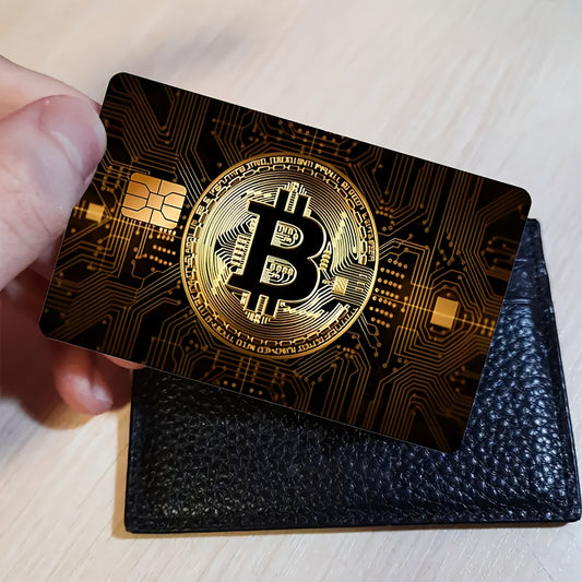2pcs Bitcoin-Themed PVC Card Stickers - Sleek Golden-Toned Designs for Credit, Debit, Transportation, and Key Cards - Durable, Skin Stickers for Men and Women, Key Stickers