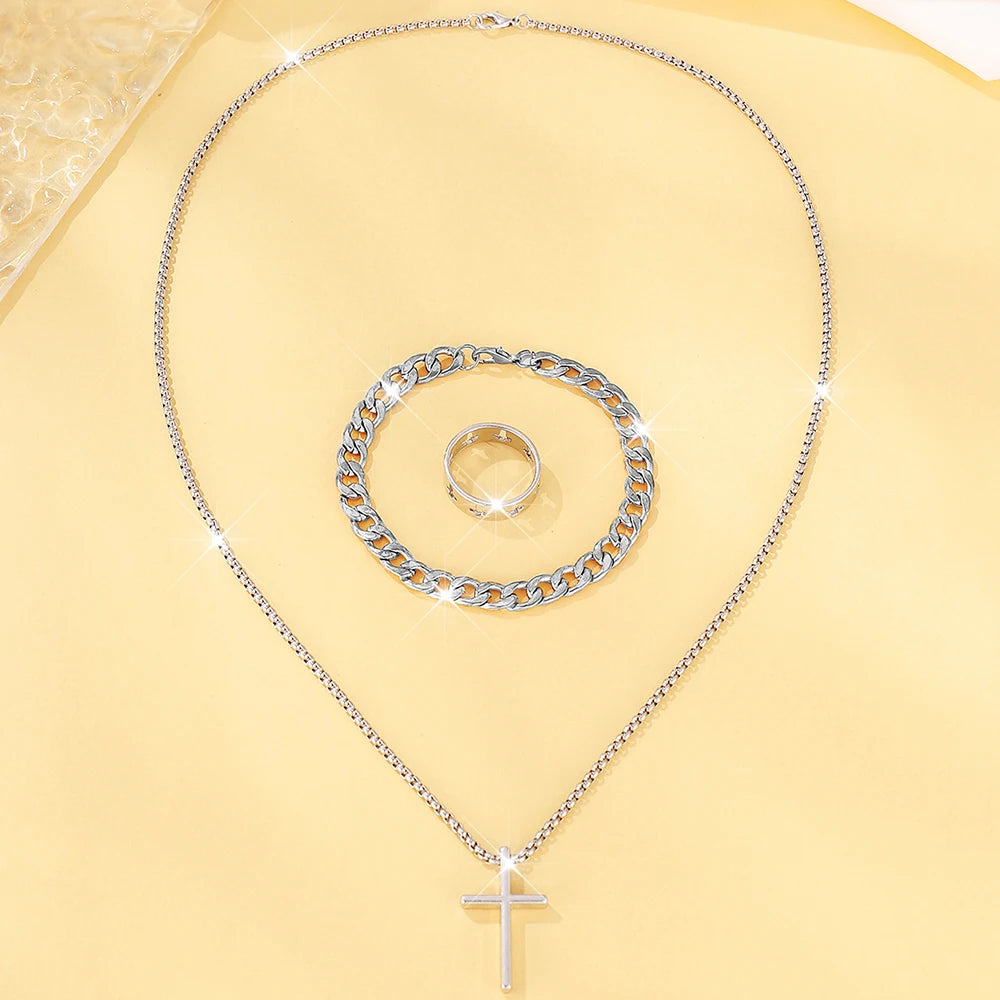 Men's 3pcs Fashion Alloy Jewelry Set - Cross Pendant Necklace, Bracelet & Ring Combo