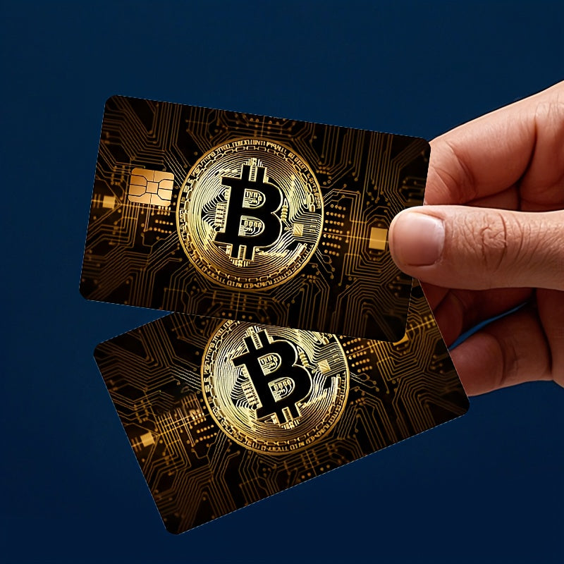 2pcs Bitcoin-Themed PVC Card Stickers - Sleek Golden-Toned Designs for Credit, Debit, Transportation, and Key Cards - Durable, Skin Stickers for Men and Women, Key Stickers