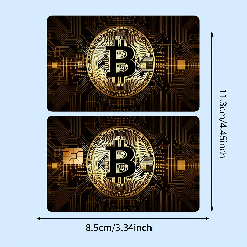 2pcs Bitcoin-Themed PVC Card Stickers - Sleek Golden-Toned Designs for Credit, Debit, Transportation, and Key Cards - Durable, Skin Stickers for Men and Women, Key Stickers