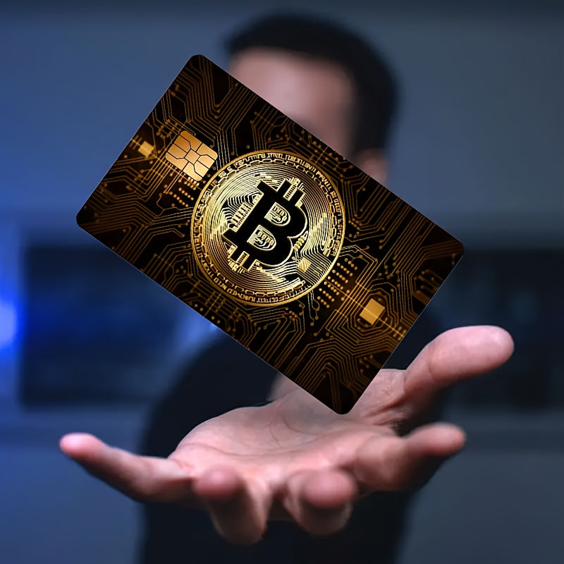 2pcs Bitcoin-Themed PVC Card Stickers - Sleek Golden-Toned Designs for Credit, Debit, Transportation, and Key Cards - Durable, Skin Stickers for Men and Women, Key Stickers