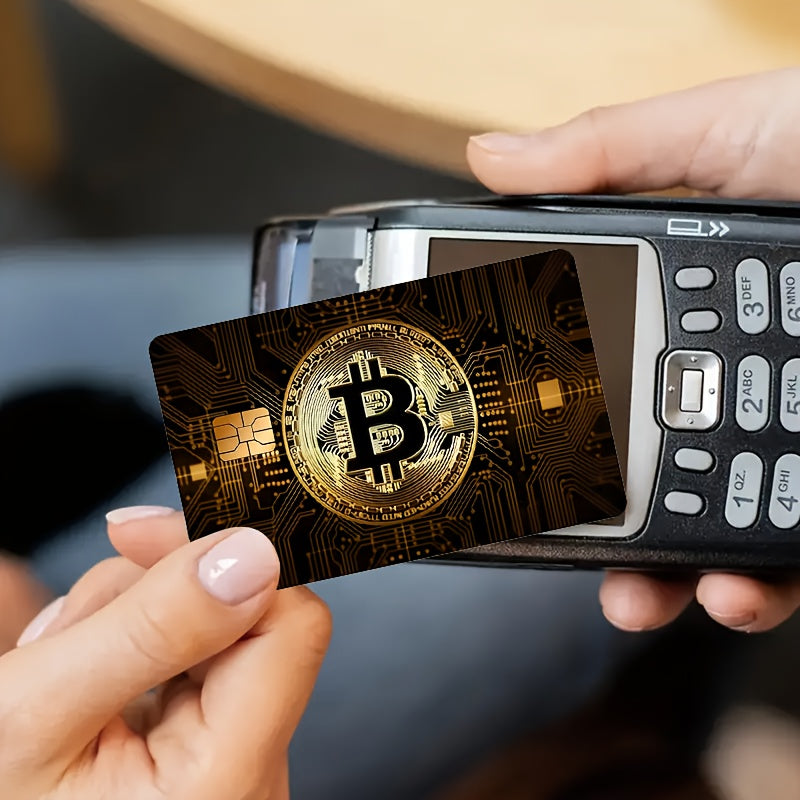 2pcs Bitcoin-Themed PVC Card Stickers - Sleek Golden-Toned Designs for Credit, Debit, Transportation, and Key Cards - Durable, Skin Stickers for Men and Women, Key Stickers