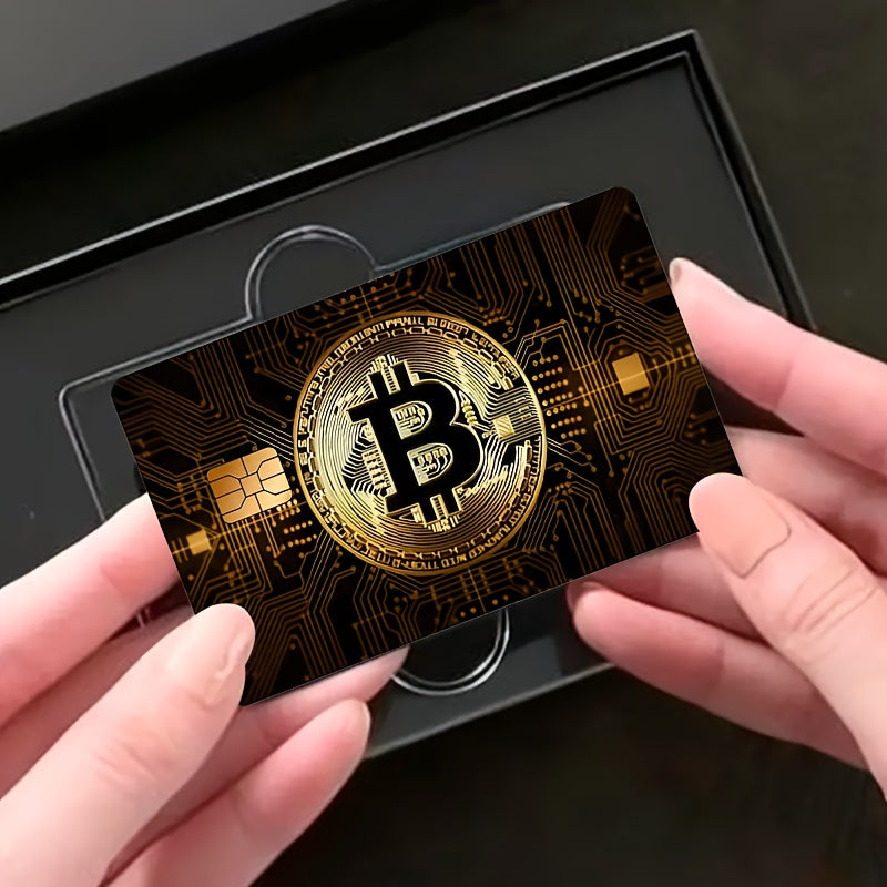 2pcs Bitcoin-Themed PVC Card Stickers - Sleek Golden-Toned Designs for Credit, Debit, Transportation, and Key Cards - Durable, Skin Stickers for Men and Women, Key Stickers