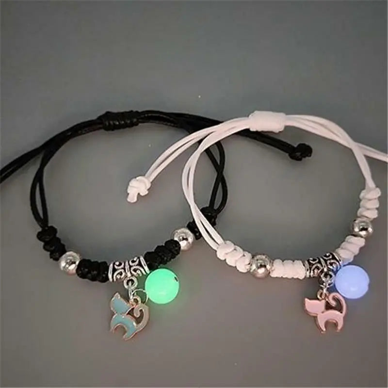 2PC Fashion Luminous Beads Star Couple Bracelet for Women Men Charm Cat Flower Heart Moon Love Matching Friend Bracelet Jewelry